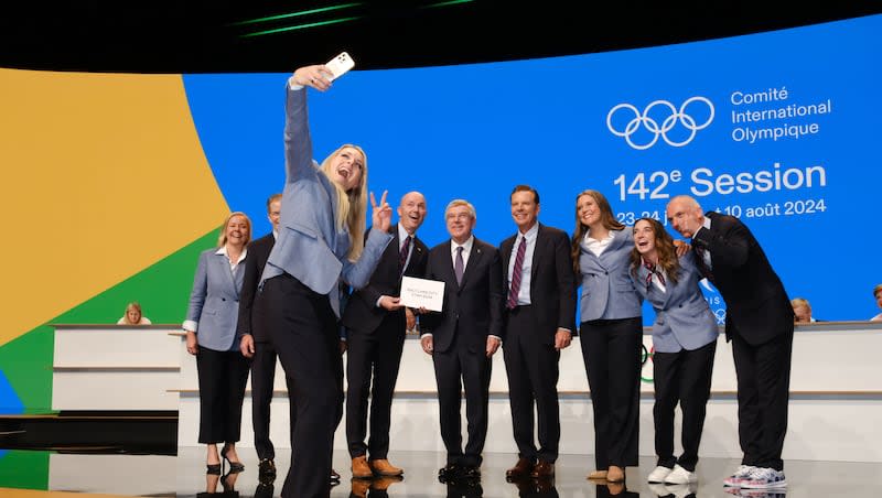 The Utah delegation celebrates after Salt Lake City was named Olympics host again as the IOC formally awarded the 2034 Winter Games to the United States bid, Wednesday, July 24, 2024, in Paris, France.