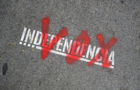 Name of the Spanish right-wing party VOX is sprayed over the graffiti stencil reading "Independence" on sidewalk in Barcelona, Spain, December 12, 2018. REUTERS/Albert Gea