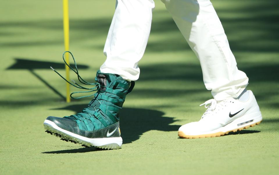 AUGUSTA, GEORGIA - APRIL 10: A detail of the footwear of Tony Finau of the United States during the Par 3 Contest prior to the Masters at Augusta National Golf Club on April 10, 2019 in Augusta, Georgia. (Photo by Andrew Redington/Getty Images)