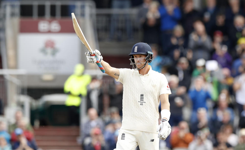 England's Joe Denly celebrates reaching his half century during day five of the fourth Ashes Test at Emirates Old Trafford, Manchester. (Photo by Martin Rickett/PA Images via Getty Images)