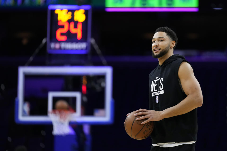 Brooklyn Nets' Ben Simmons warms up before an NBA basketball game against the Philadelphia 76ers, Tuesday, Nov. 22, 2022, in Philadelphia. (AP Photo/Matt Slocum)