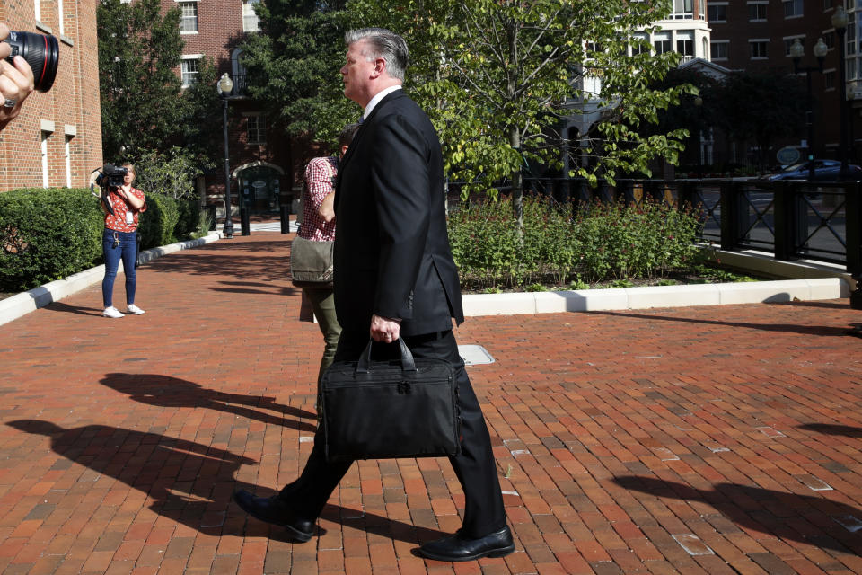 Defense attorney Kevin Downing arrives at federal court for closing arguments in the trial of former Trump campaign chairman Paul Manafort, in Alexandria, Va., Wednesday, Aug. 15, 2018. (AP Photo/Jacquelyn Martin)
