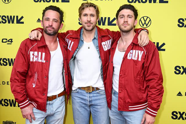 <p>Gilbert Flores/SXSW Conference & Festivals via Getty </p> Logan Holladay, Ryan Gosling and Ben Jenkin at The Fall Guy premiere