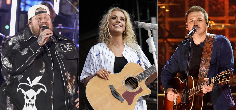 Esta combinación de fotografías muestra a Jelly Roll en el espectáculo de año nuevo de Times Square en Nueva York el 31 de diciembre de 2023, izquierda, Megan Moroney durante su presentación en el festival Windy City Smokeout en Chicago el 15 de julio de 2023, centro, y Morgan Wallen durante su presentación en la 57a edición anual de los premios CMA el 8 de noviembre de 2023, en la Arena Bridgestone en Nashville, Tennessee. (Foto AP)