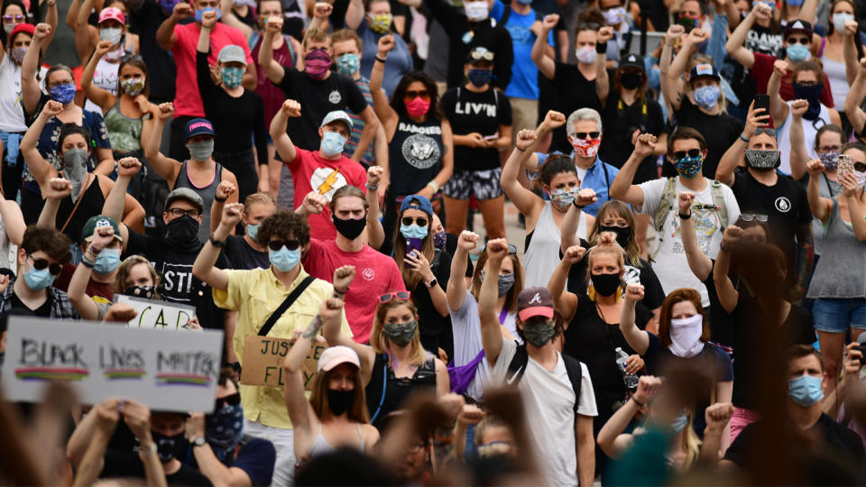 DENVER, CO - June 4 : Protesters march out of Civic Center Park in Denver on Thursday, June 4, 2020. The death of George Floyd last week after a Minneapolis officer knelt on his neck for nearly nine minutes sparked a wave of protests and calls for police reform across the country. (Photo by Hyoung Chang/MediaNews Group/The Denver Post via Getty Images)