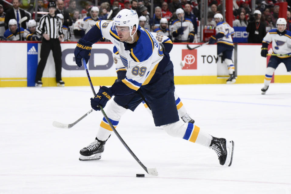 St. Louis Blues left wing Pavel Buchnevich (89) in action during the second period of an NHL hockey game against the Washington Capitals, Thursday, Jan. 18, 2024, in Washington. (AP Photo/Nick Wass)