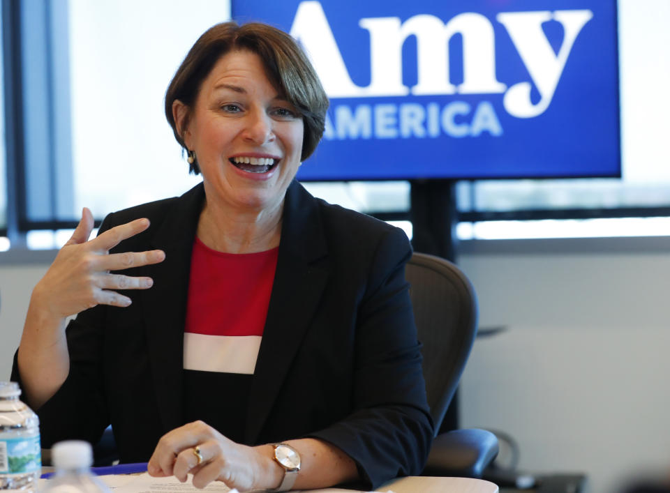 Democratic presidential candidate Amy Klobuchar speaks during a roundtable discussion on health care, Tuesday, April 16, 2019, in Miami. Klobuchar met with local medical professionals and advocates to talk about the cost of prescription drugs access to healthcare. (AP Photo/Wilfredo Lee)