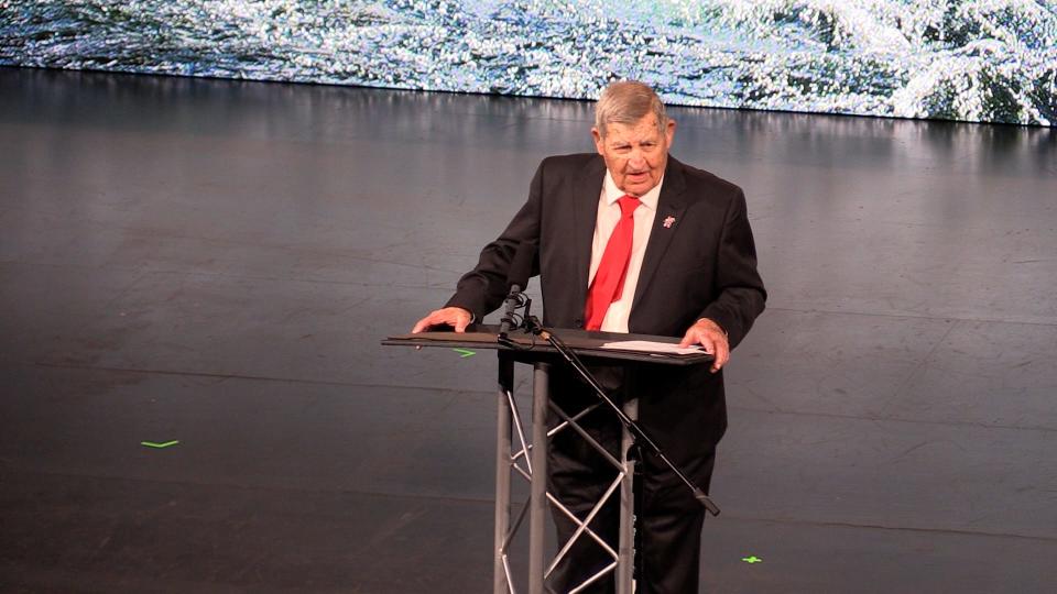 STILL FROM VIDEO: Former Louisville assistant coach Jerry Jones (76-93) eulogized his friend Denny Crum during funeral services at Southeast Christian Church on Monday morning. May 15, 2023