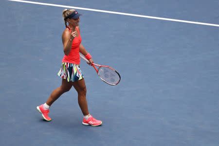 Sep 6, 2016; New York, NY, USA; Angelique Kerber of Germany celebrates the win against Roberta Vinci of Italy on day nine of the 2016 U.S. Open tennis tournament at USTA Billie Jean King National Tennis Center. Mandatory Credit: Anthony Gruppuso-USA TODAY Sports