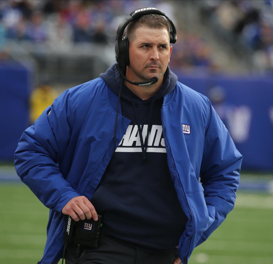 Giants head coach Joe Judge in the second half as the Carolina Panthers faced the New York Giants at MetLife Stadium in East Rutherford, NJ on October 24, 2021.