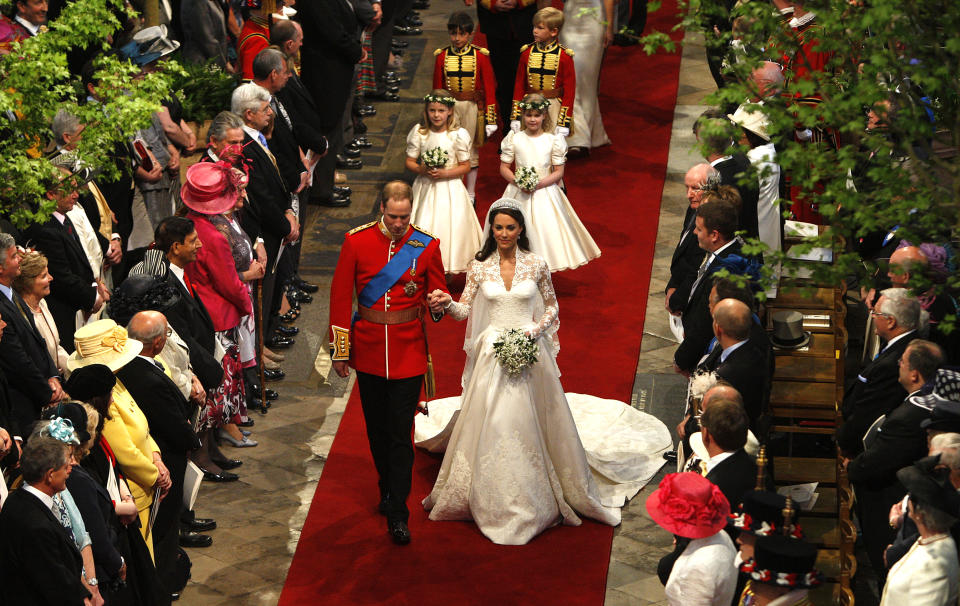 FILE - This April 29, 2011 file photo shows Prince William and Catherine, the Duchess of Cambridge, walking down the aisle at Westminster Abbey following their marriage in central London. Sony Electronics and the Nielsen television research company collaborated on a survey ranking TV's most memorable moments. Other TV events include, the Sept. 11 attacks in 2001, Hurricane Katrina in 2005, the O.J. Simpson murder trial verdict in 1995 and the death of Osama bin Laden in 2011.  (AP Photo/RICHARD POHLE, Pool)