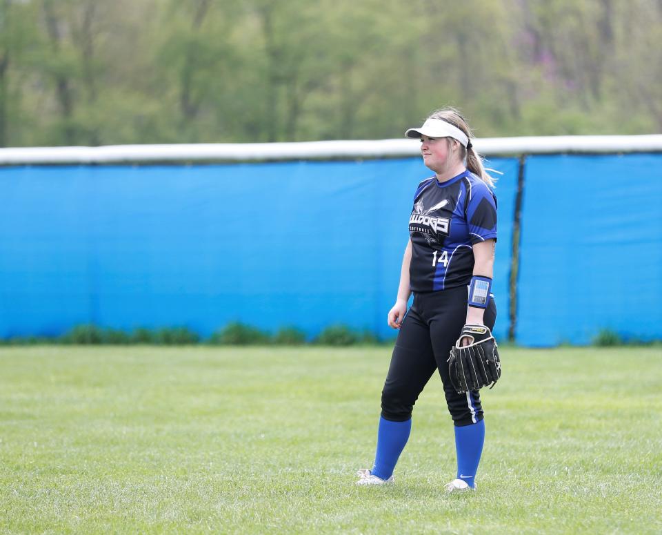Centerville senior Haylee Parker stands in the outfield during a game against Cowan April 30, 2022.