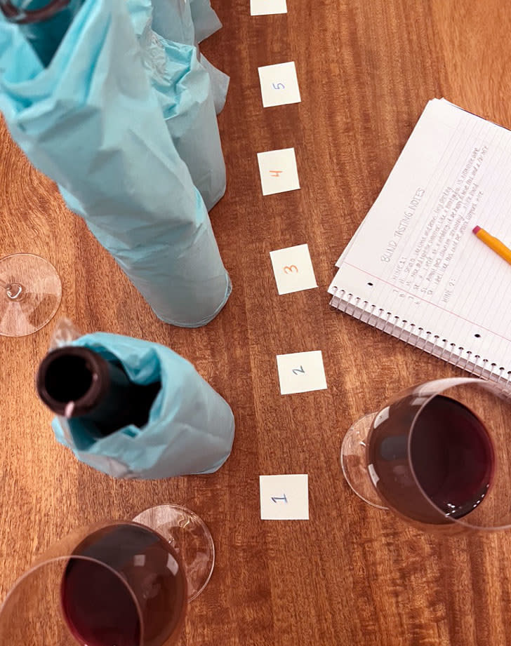 A blind tasting with glasses of red wine