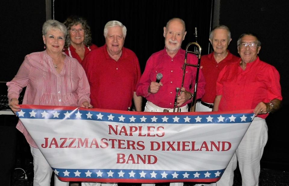 Members of the Naples Jazzmasters Dixieland Band, who perform indoors in downtown Naples most Saturday afternoons in the summer.
