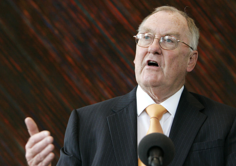 FILE - In this Aug. 21, 2007 file photo, former Illinois Gov. Jim Thompson, pauses before beginning a news conference in Chicago. Thompson, known as “Big Jim” during a long career that eventually made him the state's longest-serving chief executive, has died. He was 84. Thompson died Friday, Aug. 14, 2020 at the Shirley Ryan AbilityLab in Chicago, his wife, Jayne, told the Chicago Tribune and the Chicago Sun-Times. (AP Photo/M. Spencer Green, File)