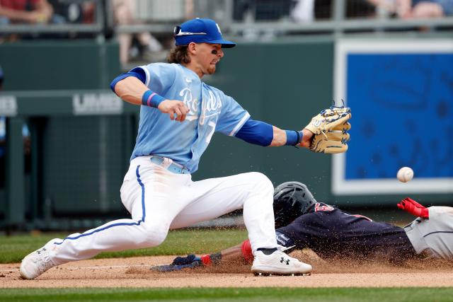 Cleveland Guardians pitcher Cal Quantrill delivers to a Kansas City Royals  batter during the first inning of a baseball game in Kansas City, Mo.,  Sunday, April. 10, 2022. (AP Photo/Colin E. Braley