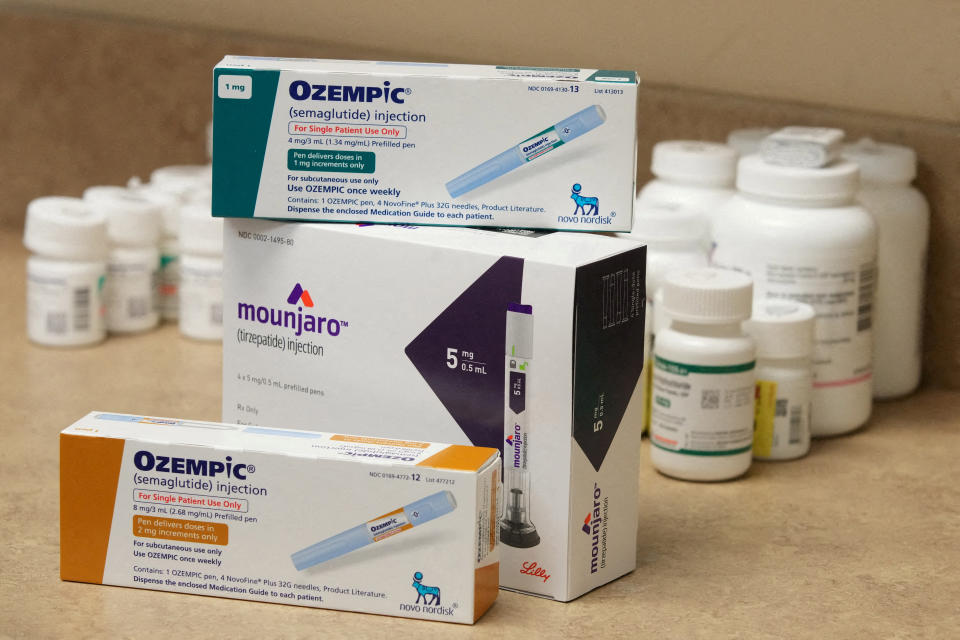 FILE PHOTO: Boxes of Ozempic and Mounjaro, semaglutide and tirzepatide injection drugs used for treating type 2 diabetes and made by Novo Nordisk and Eli Lilly, is seen at a Rock Canyon Pharmacy in Provo, Utah, U.S. March 29, 2023. REUTERS/George Frey/File Photo