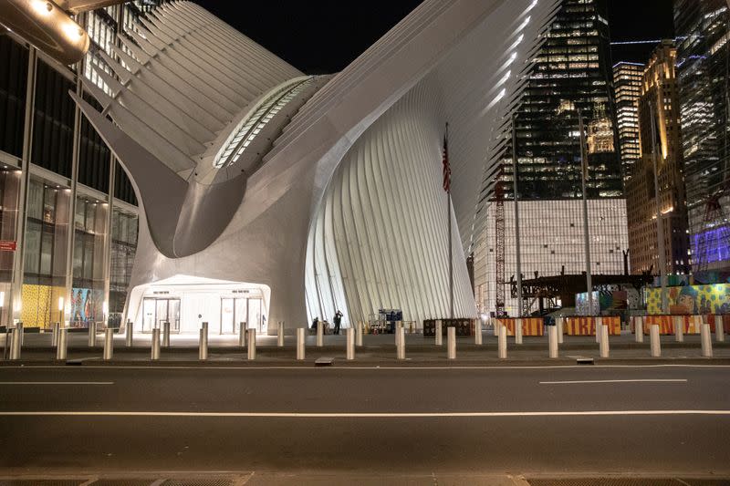 An empty street is seen near the Oculus during the outbreak of the coronavirus disease (COVID-19) in Brooklyn