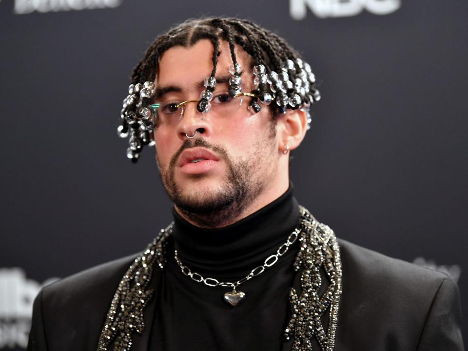 Bad Bunny poses backstage at the 2020 Billboard Music Awards, broadcast on October 14, 2020 at the Dolby Theatre in Los Angeles, CA.