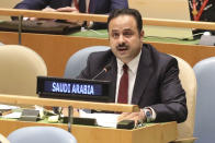 Mohammed Al Aserri, top, senior diplomat at the Saudi Arabian Mission to the United Nations, delivers his right-to-reply remarks as the 74th session the U.N. General Assembly comes to a close, Monday Sept. 30, 2019 at U.N. headquarters. (AP Photo/Bebeto Matthews)