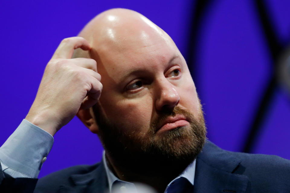 Tech venture capitalist Marc Andreessen during a discussion called The Now and Future of Mobile at the Fortune Global Forum Tuesday, Nov. 3, 2015, in San Francisco. (AP Photo/Eric Risberg)