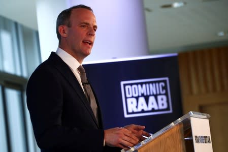 Britain's former Brexit Minister Dominic Raab speaks at the launch of his campaign for the Conservative Party leadership, in London