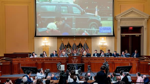 PHOTO: A video of President Trump's motorcade leaving the January 6th rally on the Ellipse is displayed as Cassidy Hutchinson testifies in a public hearing of the House Select Committee investigating the January 6 Attack on Capitol, June 28, 2022. (Pool via Reuters)