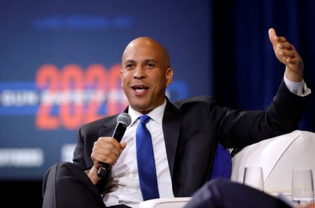 U.S. Democratic presidential candidate Senator Booker (D-NJ) responds to a question during a forum held by gun safety organizations the Giffords group and March For Our Lives in Las Vegas