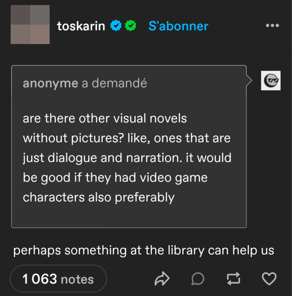 Person asks "Are there other visual novels without pictures? Like ones that are just dialogue and narration," and someone responds, "perhaps something at the library can help us"