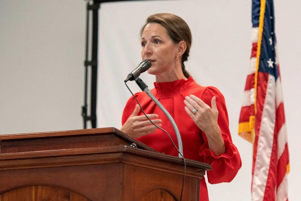 Tiffany Lee Cowman, a candidate for chancery clerk in Hancock County, speaks during an election forum in Waveland on Monday, July 10, 2023.