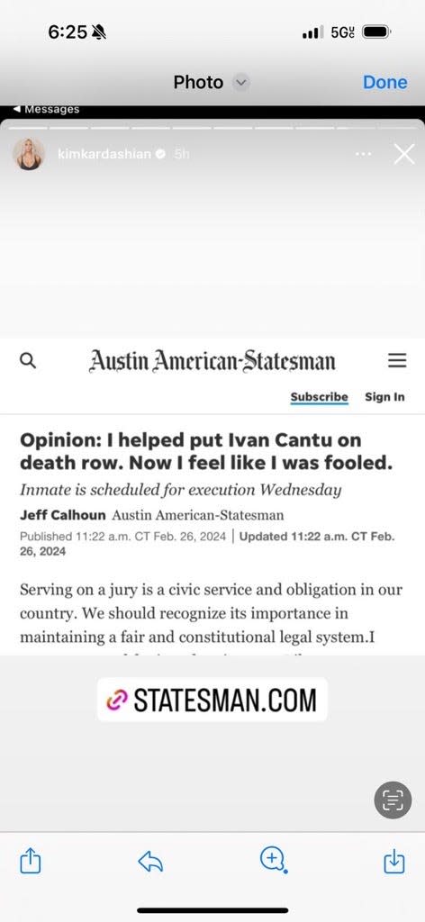 Kim Kardashian shares the article written by Jeff Calhoun for the Austin American-Statesman to her Instagram story.