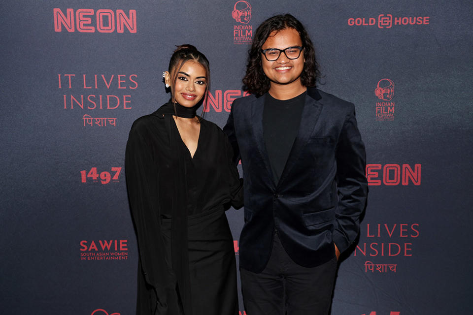 Megan Suri and Bishal Dutta attend NEON's IT LIVES INSIDE Los Angeles special screening at DGA Theater Complex on September 19, 2023 in Los Angeles, California.