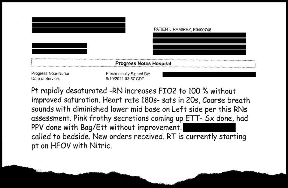 A nurse's note from roughly 4 a.m. Sept. 19, 2021, details the moment health care workers checked on Amillianna Ramirez-Johnson and found her health status had taken a turn for the worse. The note also details when two standards of care were provided to Amillianna, roughly 21 hours after she was admitted to the neonatal intensive care unit.