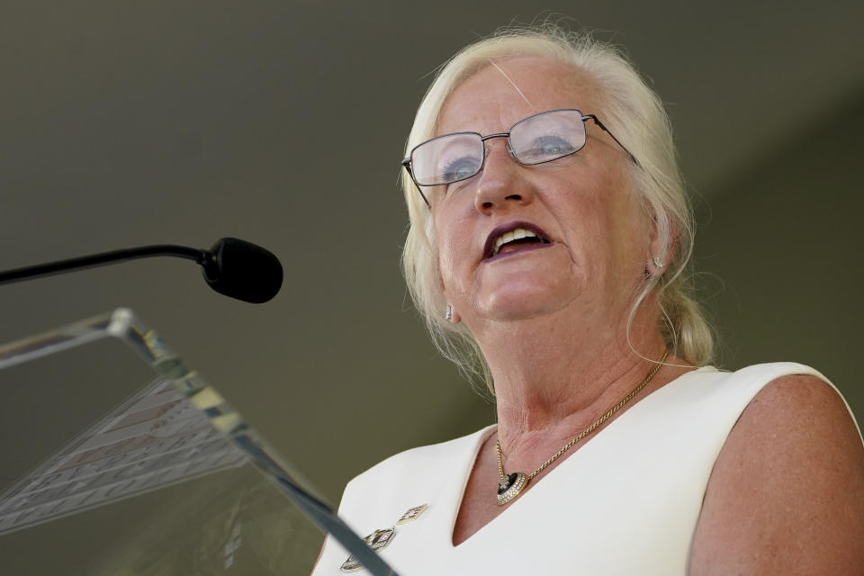 Sharon Rice-Minoso, widow of inductee Minnie Minoso, speaks during the National Baseball Hall of Fame induction ceremony, Sunday, July 24, 2022, in Cooperstown, N.Y. (AP Photo/John Minchillo)