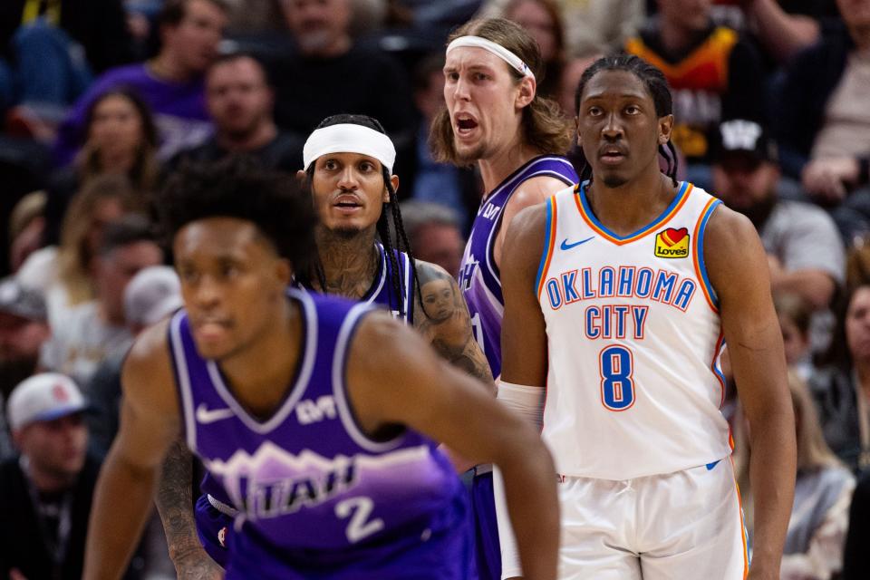 Players watch as the ball comes down the court during an NBA basketball game between the Utah Jazz and the Oklahoma City Thunder at the Delta Center in Salt Lake City on Tuesday, Feb. 6, 2024. | Megan Nielsen, Deseret News