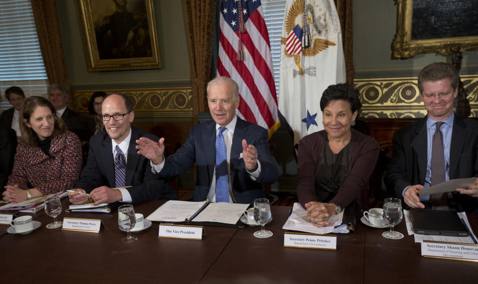 Vice President Joe Biden, center, meets with members of the Cabinet in the Old Executive Office Building on the White House campus in Washington,Thursday, Feb. 20, 2014. From left are, Budget Director Sylvia Burwell, Labor Secretary Thomas Perez, Biden, Commerce Secretary Penny Pritzker, and Housing and Urban Development Secretary Shaun Donovan. Biden discussed ways to identify job skills that match the demands of American companies. (AP Photo/Pablo Martinez Monsivais)
