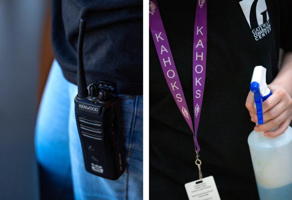 Mackensie Walker, 17, wears a walkie talkie, Gateway Convention Center t-shirt and a Collinsville Kahoks lanyard while working on Tuesday, Nov. 14, 2023, at the Gateway Convention Center in Collinsville, Ill. Tristen Rouse/Tristen Rouse