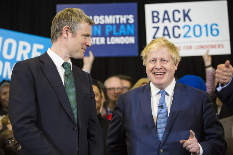 LONDON, ENGLAND - MAY 03: (L-R) Conservative candidate for Mayor of London, Zac Goldsmith and London Mayor Boris Johnson attend a mayoral campaign rally at Grey Court School in Richmond on May 3, 2016 in London, England. The British Prime Minister David Cameron also joined the Conservative Mayoral candidate at Grey Court School on the penultimate day of campaigning. Former pupils of the school include London's Cycling Commissioner, Andrew Gilligan. Londoners go to the polls on Thursday 5th May with the declaration expected later on Friday 6th. The current Mayor of London is the Conservative MP for Henley, Boris Johnson. (Photo by Jack Taylor/Getty Images)