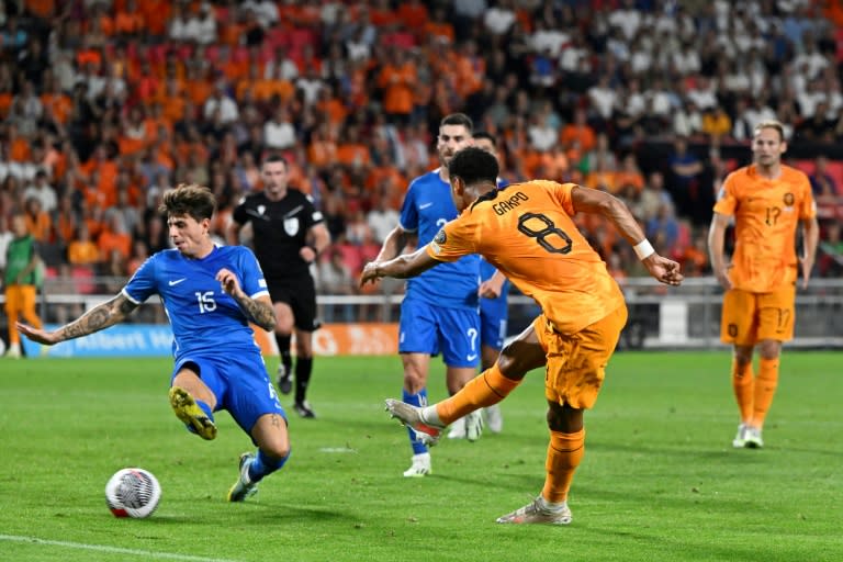On target: Cody Gakpo scores the second goal for the Netherlands (JOHN THYS)
