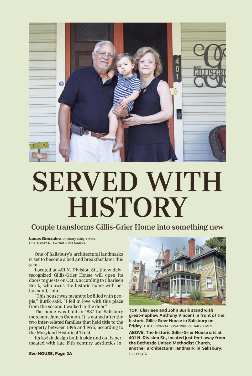 Front page story from when Charleen and John Burik were first opening the Gillis-Grier Bed and Breakfast in 2019.
