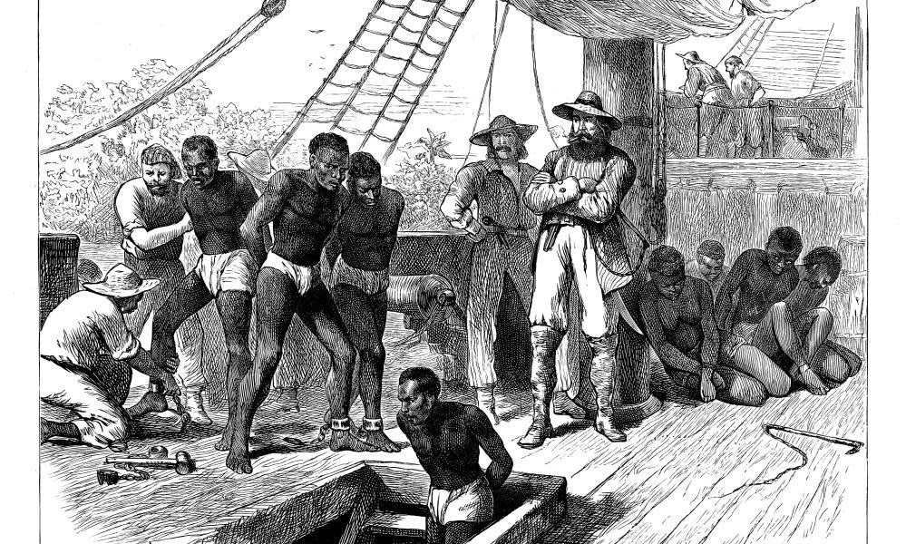 Captives being brought on board a slave ship on the west coast of Africa.