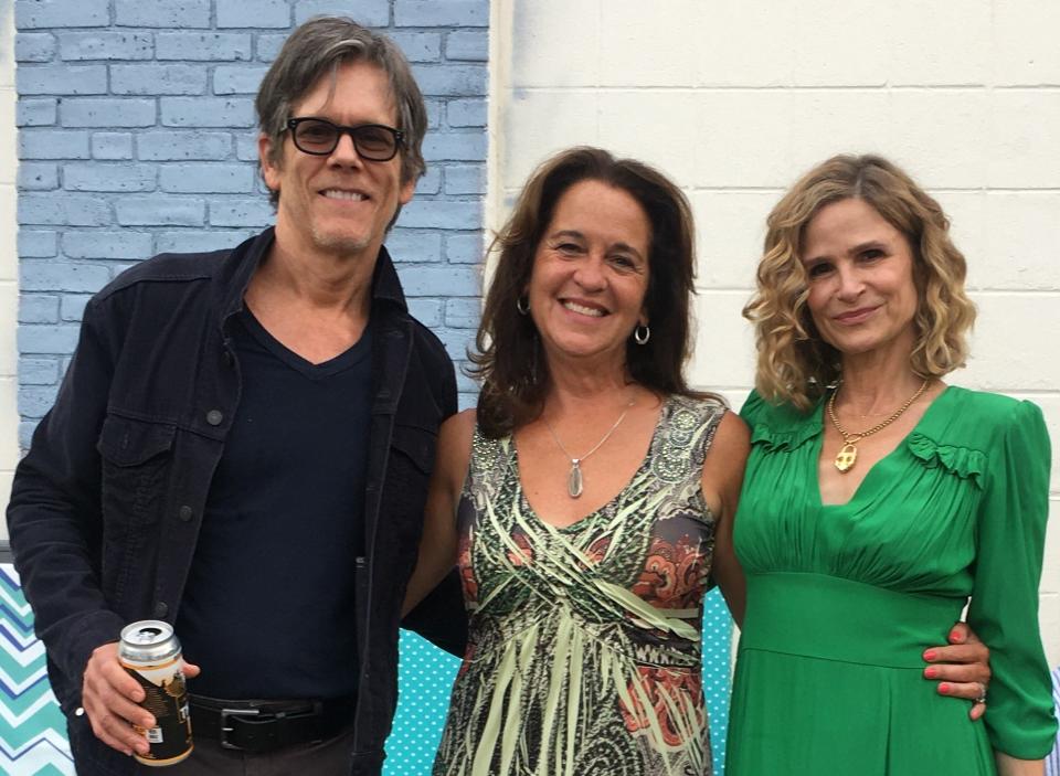 Fall River native and actress Pamela Morgan poses with Kevin Bacon and Kyra Sedgwick on the set of "Space Oddity."