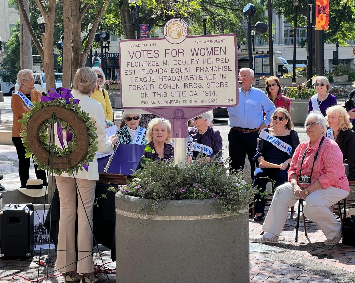 The Women's Club of Jacksonville unveiled a marker as part of the National Votes for Women Trail in front of City Hall Wednesday. The marker recognizes Florence Murphy Cooley for helping to establish the Florida Equal Franchise League — the first women's suffrage organization in Jacksonville — in the building, then Cohen Brothers department store, in 1914.