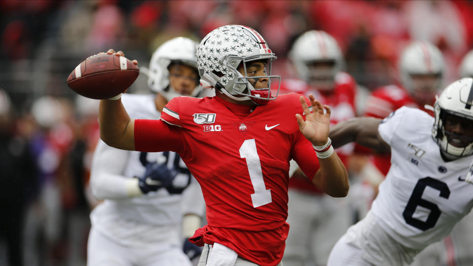 Ohio State quarterback Justin Fields prepares to throw against Penn State on Saturday in Columbus, Ohio. (AP Photo/Jay LaPrete)