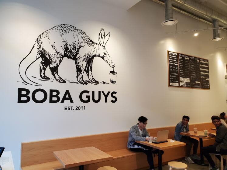 Interior with logo at the trendy Boba Guys bubble tea cafe in San Ramon, California, January 2, 2020. (Photo by Smith Collection/Gado/Getty Images)