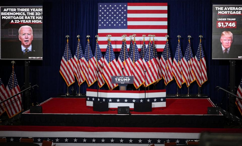 PHOTO: The stage for Republican presidential candidate and former U.S. President Donald Trump is seen ahead of his caucus night watch party in Des Moines, Iowa, Jan. 15, 2024.   (Brian Snyder/Reuters)