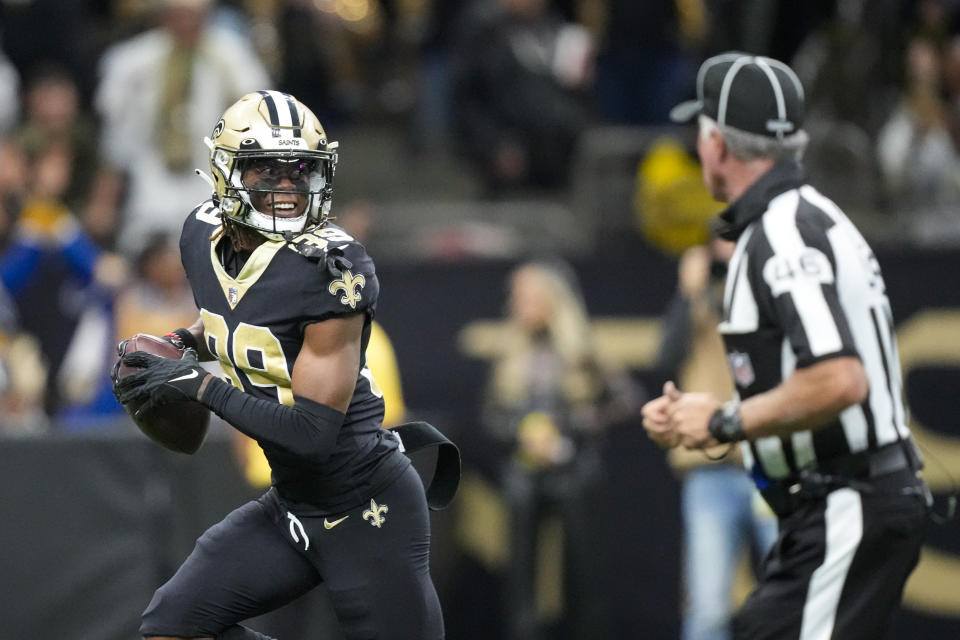 New Orleans Saints wide receiver Rashid Shaheed (89) looks over his shoulder as he runs in for a touchdown against the Atlanta Falcons in the first half of an NFL football game in New Orleans, Sunday, Dec. 18, 2022. (AP Photo/Gerald Herbert)