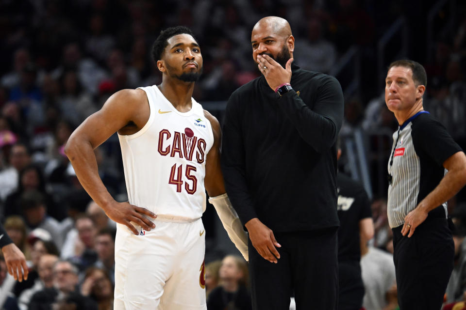 CLEVELAND, OHIO - APRIL 22: Donovan Mitchell #45 listens to coach JB Bickerstaff of the Cleveland Cavaliers during the fourth quarter of the second game of the Eastern Conference First Round Playoffs against the Orlando Magic at Rocket Mortgage Fieldhouse on April 22, 2024 in Cleveland, Ohio.  The Cavaliers defeated the Magic 96-86.  NOTE TO USER: User expressly acknowledges and agrees that by downloading and/or using this photograph, User is agreeing to the terms and conditions of the Getty Images License Agreement.  (Photo by Jason Miller/Getty Images)