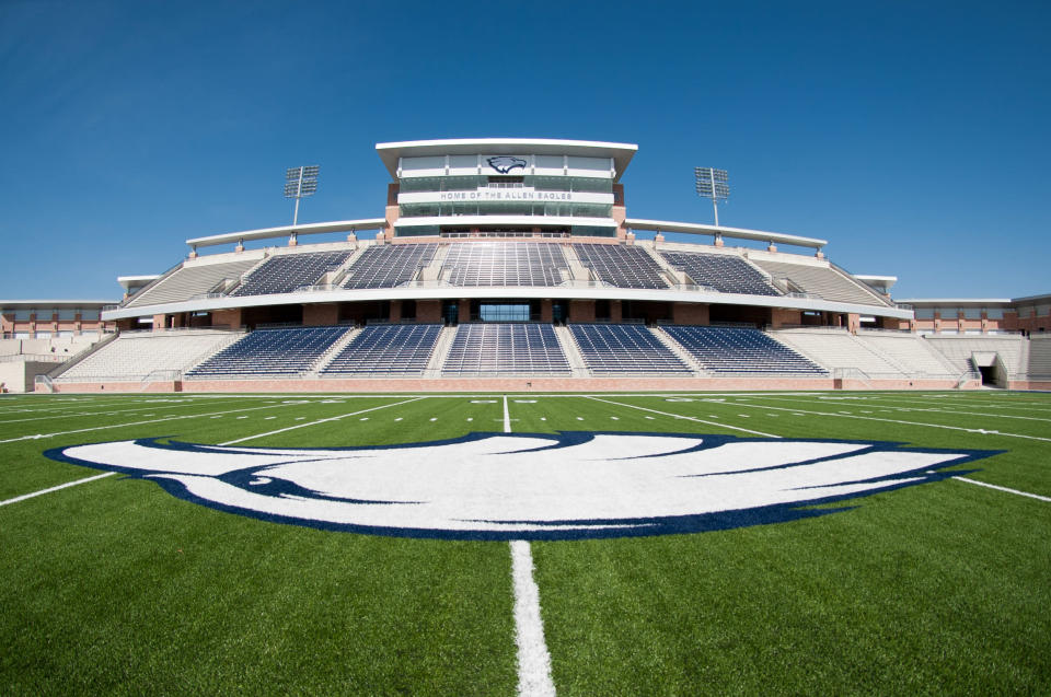 A view of the press box and home side seating at Allen Eagle Stadium. (Michael Prengler/Special Contributor/AP Photo)