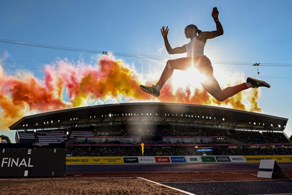 England's Abigail Irozuru takes part in a practice jump for the Women's Long Jump Final during the Birmingham 2022 Commonwealth Games in Birmingham, England.